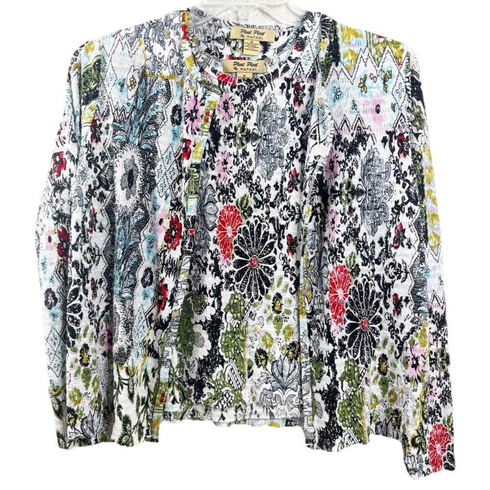 VTG Pleat Pleat By Raphael Medium Floral Cardigan Set Crinkle No Wrinkle EUC